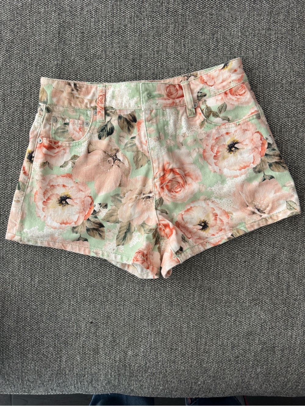Alice + Olivia Floral Pastel Mint and Peach High-Rise Jean Shorts